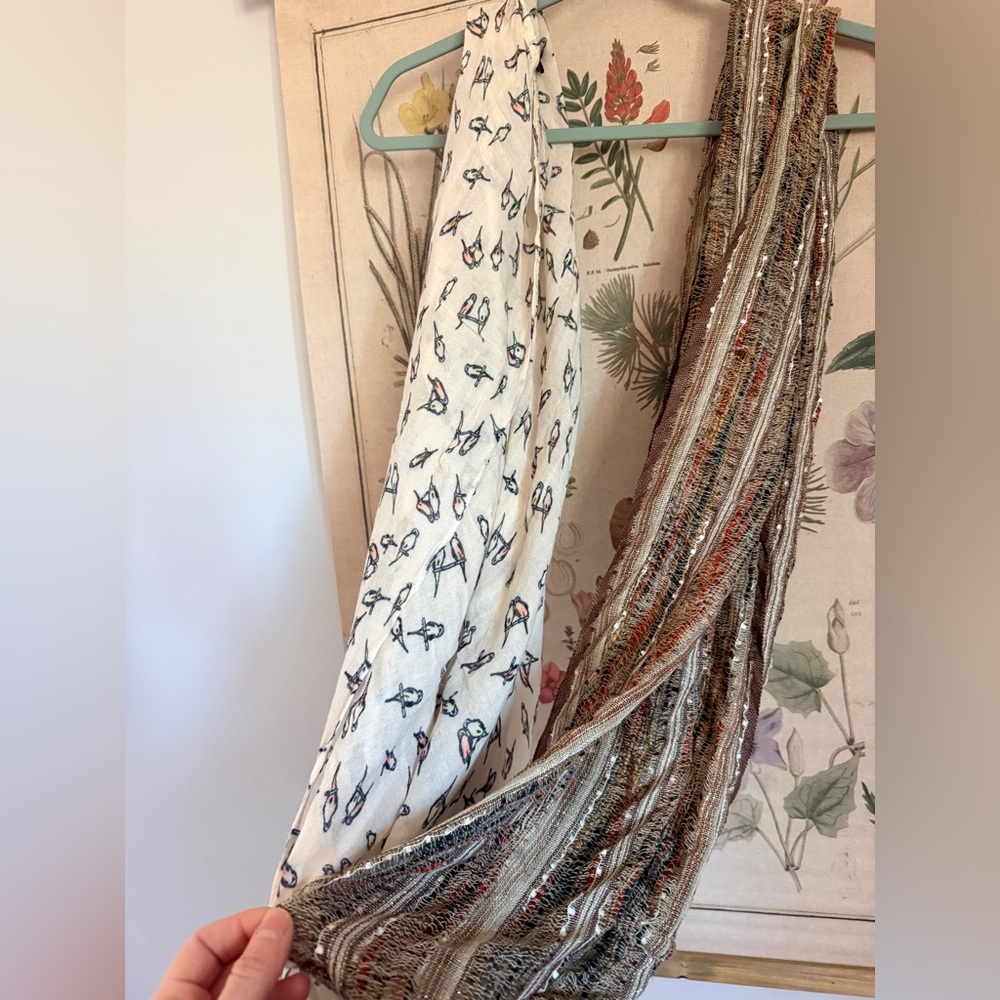 Bundle of 2 Y2K Infinity scarves- vintage style tinsel and bird patterns!